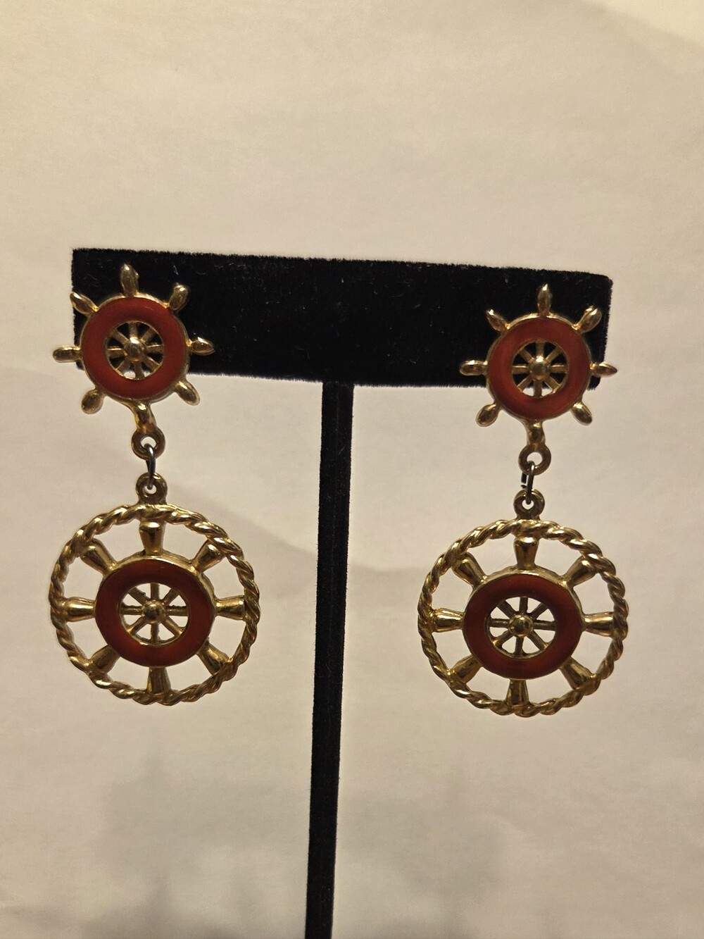 Vintage Gold and Red Nautical Wheel Drop Earrings
